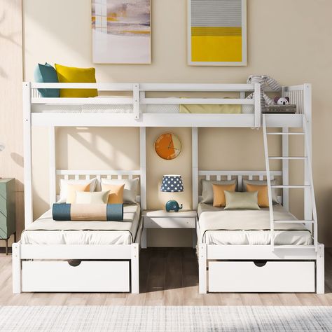 PRICES MAY VARY. ★【Space Saving】 This full over twin & twin bunk bed can save a lot of space of room and make full use of vertical space. Very suitable for families with many children or guests who spend the night spontaneously. ★�【High Quality】 The three beds are made of pine wood frame, which is strong and durable. The upper bed board has 14 plywood boards and 1 cross board board, and the two lower bed boards have 8 board boards, and box springs are not required. Upper bed weight: 250 pounds; l 3 Bunk Beds, Bunk Bed With Drawers, Triple Bed, Triple Bunk Beds, Triple Bunk Bed, Triple Bunk, Bed Frame With Drawers, Bunk Beds With Drawers, Two Twin Beds