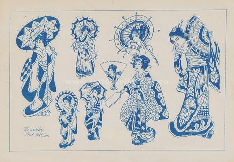 Vintage Japanese Tattoo Flash, Milton Zeis Tattoo Flash, Traditional Geisha Tattoo, Milton Zeis, Percy Waters, Speakeasy Tattoo, Japanese Traditional Tattoo, Japanese Geisha Tattoo, Antique Tattoo