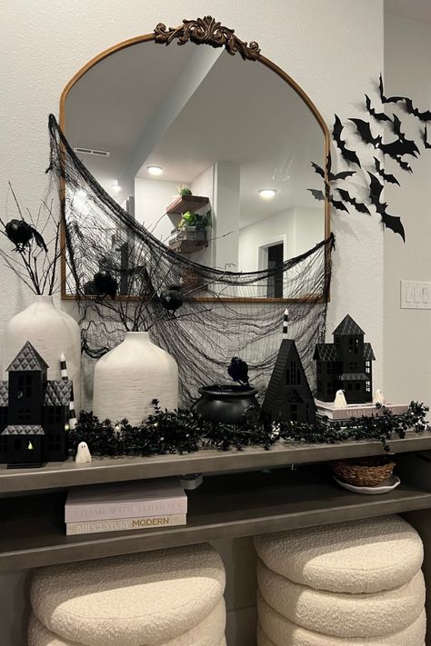 Obsessed with my corner of spookiness at home! So easy to add just a couple of small Halloween decorations to add festivities to your space. SHOP NOW! Small Halloween Decorations, Halloween Entry Table, Halloween Living Room Decor, Apartment Halloween, Halloween Living Room, Dark Home Decor, Elegant Halloween, Spooky Szn, Diy Halloween Projects