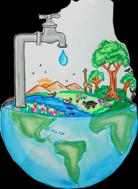 Save Water Drawing, Save Earth Drawing, Save Water Poster Drawing, Save Water Poster, Earth Day Drawing, Earth Drawings, World Water Day, Water Poster, Water Day