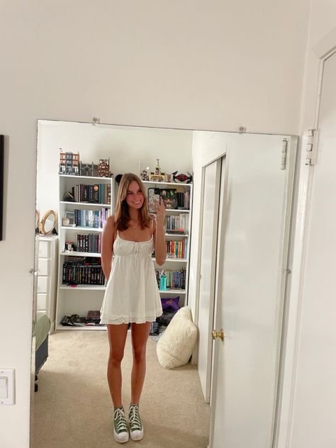 white dress inspo/ princess polly/ white puffy dress/ white babydoll dress/ green converse/ green platform converse/ bookshelf/ room inspo/ mirror pic/ outfit inspo/ vacation outfit inspo/ vacation dinner outfit inspo/ dinner outfit inspo/ summer outfit inspo/ summer dinner outfit inspo/ White Dress And Converse, Dress Inspo Princess, Room Inspo Mirror, Green Platform Converse, White Puffy Dress, Outfit Inspo Dinner, Vacation Dinner Outfit, Outfit Inspo Vacation, Summer Dinner Outfit