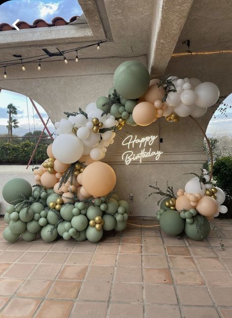 Green Gold Cream Balloon Garland, Light Green Balloon Garland, Sage Green Pink And White Balloon Arch, Olive Green Gold And White Balloons, Olive Green Theme Birthday Party, Sage White And Gold Balloon Arch, Sage Balloon Backdrop, Earth Tone Balloon Arch, Earthy Balloon Arch