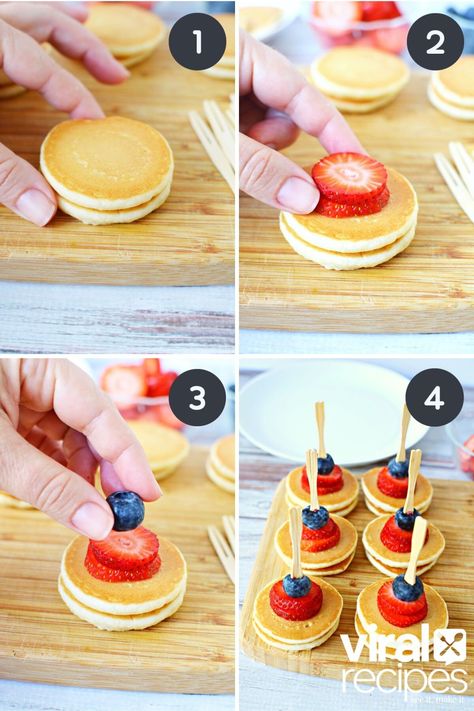 Mini Pancake Skewers with Silver Dollar Pancakes | Viral Recipes Pancake Appetizer Mini, Mini Pancake Skewers, Kids Brunch Party Food, Mini Pancakes Ideas, Pancake Station, Mini Pancake Bites, Pancake Kabobs, French Hot Chocolate Recipe, Pancake Skewers