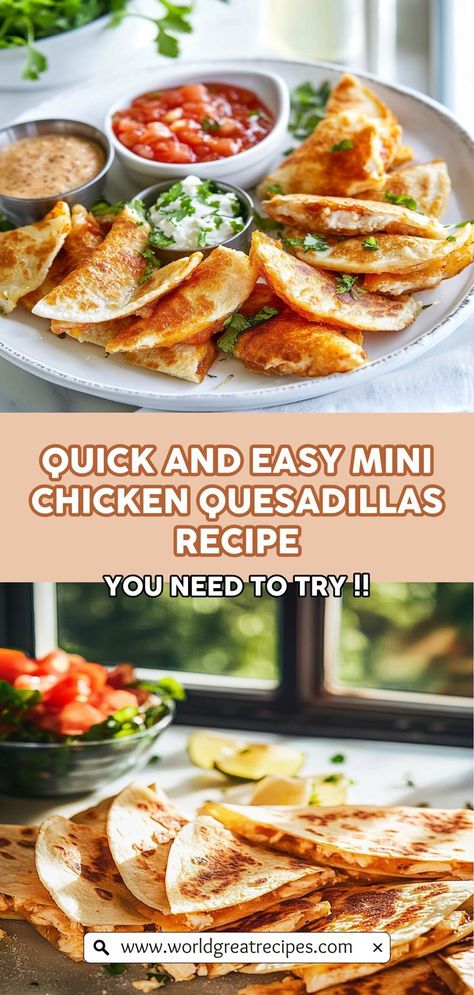 Meet your new favorite appetizer: Mini Chicken Quesadillas! These delicious bites are a fantastic way to impress your guests or satisfy a family craving. Featuring tender chicken mixed with melted cheese and fresh veggies, each quesadilla is a delightful explosion of flavor. They are incredibly versatile, allowing you to mix and match fillings to cater to any palate. Perfect for parties, movie nights, or as a quick meal, these mini quesadillas will leave everyone asking for seconds! Mini Chicken Quesadillas, Mini Quesadillas, Quick Easy Family Meals, Cheese Quesadilla Recipe, Chicken Quesadilla Recipe, Leftover Rotisserie Chicken, Cheese Quesadilla, Chicken Quesadillas, Appetizer Bites