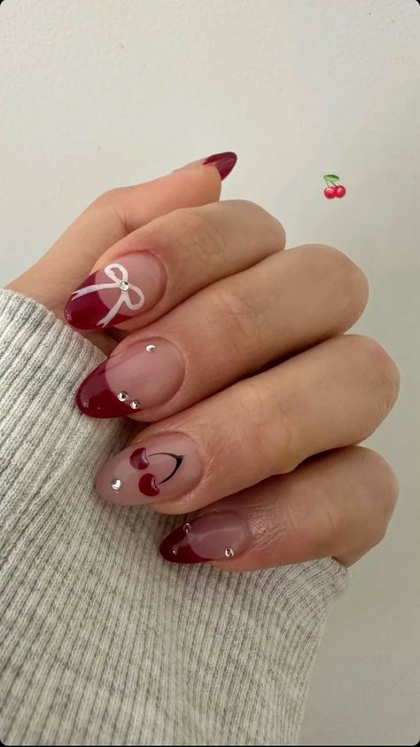 Cherry Red Nails With Design, Cherry Red Nail Designs, Coquette Nail, Vday Nails, Silver Nail Art, Cherry Nails, Silver Nail, Valentine Nails, Almond Acrylic Nails