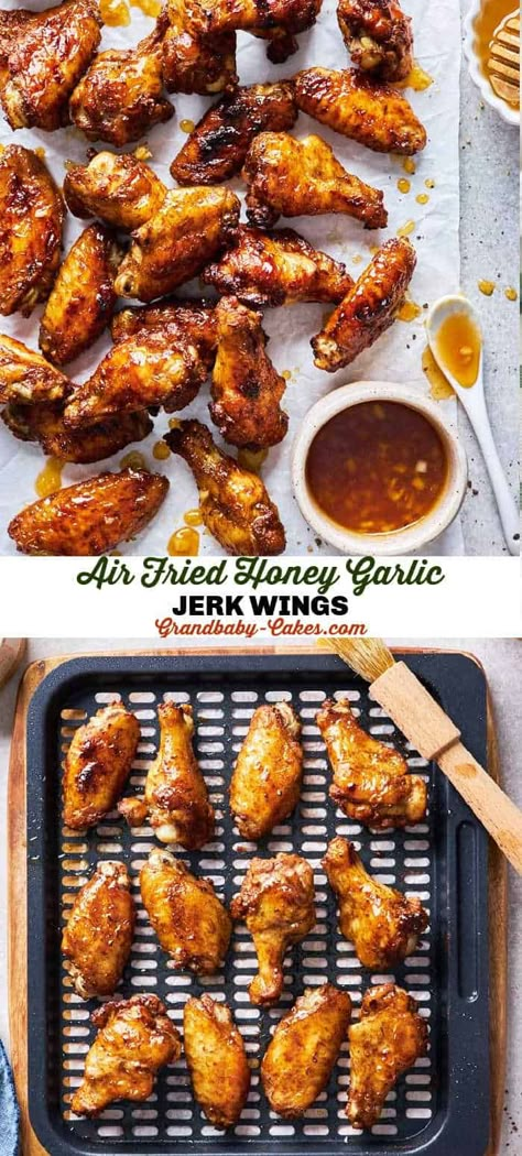 Honey Garlic Jerk Chicken Wings Grand Baby Cakes, Jerk Chicken Wings Recipe, Honey Garlic Glaze, Jerk Chicken Wings, Chicken Wing Recipes Fried, Air Fry Chicken Wings, Grandbaby Cakes, Wings Chicken, Garlic Honey