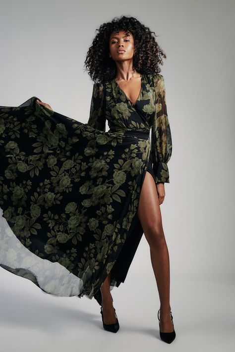 LUCIANNA MAXI WRAP DRESS in colour Green Floral Long Sleeve Wedding Guest Dresses, Mia Aesthetic, Jewel Tone Dress, Corsets Fashion, Gorgeous Places, Character Clothing, Extra Skin, Skin Model, Day To Night Dresses