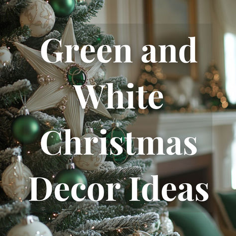 Green and White Christmas Decor Ideas Green White Gold Christmas Decor, Christmas Tree Ideas Green And White, Green And White Christmas Tree Ideas, Flocked Tree With Green Ornaments, Green And White Christmas Tree Decor, Green Christmas Tree With White Decor, Winter Green Aesthetic, Green Xmas Tree Decorating Ideas, White Xmas Tree Decorating Ideas