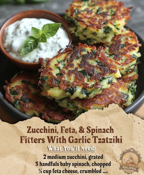 Grandma's Old Recipes | **Recipe: Zucchini, Feta, and Spinach Fritters with Garlic Tzatziki** | Facebook Zucchini Feta And Spinach Fritters, Spinach Fritters, Recipe Zucchini, Zucchini Feta, Natural Foods, Yellow Squash, Greek Food, Old Recipes, Greek Recipes