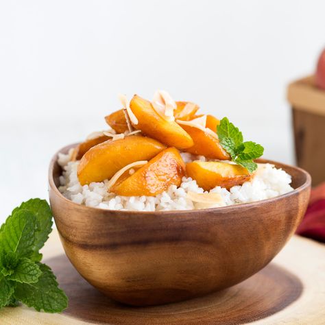 This quick and easy-to-follow vegetarian, gluten-free recipe is sure to make you want more. Coconut sticky rice with honey-glazed peaches. Learn more here. Sticky White Rice Recipe, Soy Sauce Recipes, Healthy Soy Sauce, Sticky Rice Recipe, Coconut Sticky Rice, Glazed Peaches, Indian Cuisine Recipes, Sweet Sticky Rice, Recipes With Soy Sauce