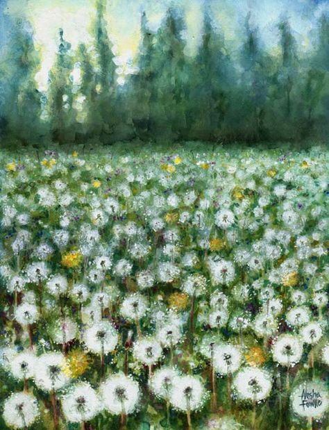 Dandelion Field Print by AleshaFowlie on Etsy Dandelion Field, Dandy Lion, Dandelion Clock, Dandelion Wish, Dandelion Seed, Paint Party, Make A Wish, Art Tutorials, Yellow Flowers