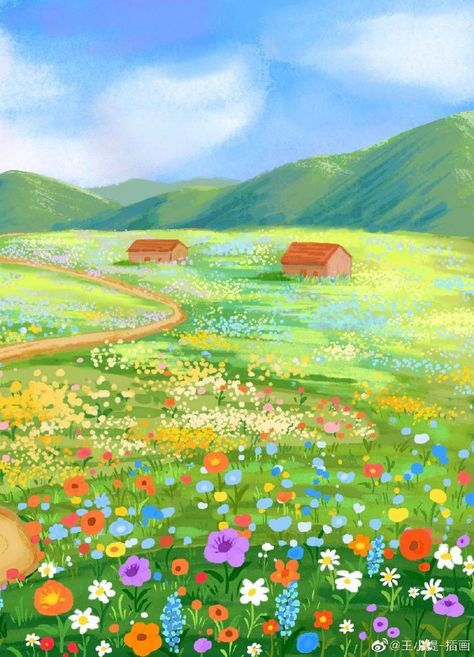 Flower Field Drawing, Flower Field Illustration, Kid Illustration, Strawberry Shortcake Characters, Crayon Drawings, Cartoon Drawing, Random Art, Sunflower Fields, Landscape Illustration