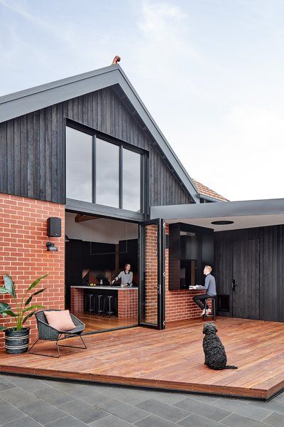 Exterior House Brick Siding Material Metal Siding Material Wood… - Dwell Bowral Bricks, Renovation Facade, Red Brick House Exterior, Contemporary Deck, Outdoor Counter, Shiplap Cladding, House Cladding, Edwardian House, Double Height