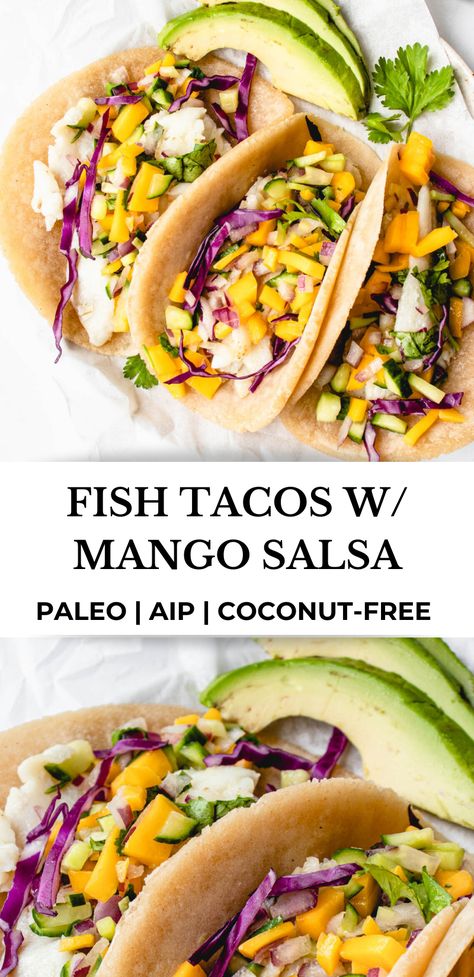 These AIP and paleo Fish Tacos with Mango Salsa are fresh and delicious with flaky white fish and sweet and crunchy salsa. You’ll never believe they’re grain free! #healmedelicious #aip #aiprecipes #paleo #paleorecipes #autoimmunedisease #aipdiet #autoimmunepaleo #aipprotocol #glutenfree #dairyfree #grainfree #nightshadefree #dinnerideas #summerdinnerrecipes #summermeals #lunchideas #fishtacos #mangosalsa #easydinnerrecipes #coconutfree Anti Inflammation Fish Recipes, Aip Fish Tacos, Aip Shrimp Tacos, Mahi Mahi Recipes Aip, Aip Kid Friendly Recipes, Summer Aip Recipes, Aip Mexican Recipes, Aip Dinner Ideas, Aip Shrimp Recipes