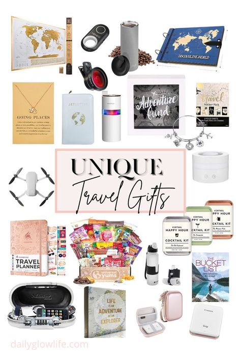 "Unique Gift Ideas for the Travel Enthusiast in Your Life" Present For Traveler Gifts For Travelers, Travel Theme Basket, Adventure Basket Gift Ideas, Travel Theme Gift Basket, Traveling Gift Ideas, Coffee Travel Kit, Travel Gift For Boyfriend, Travel Basket Gift Ideas Road Trips, Personalized Travel Gifts