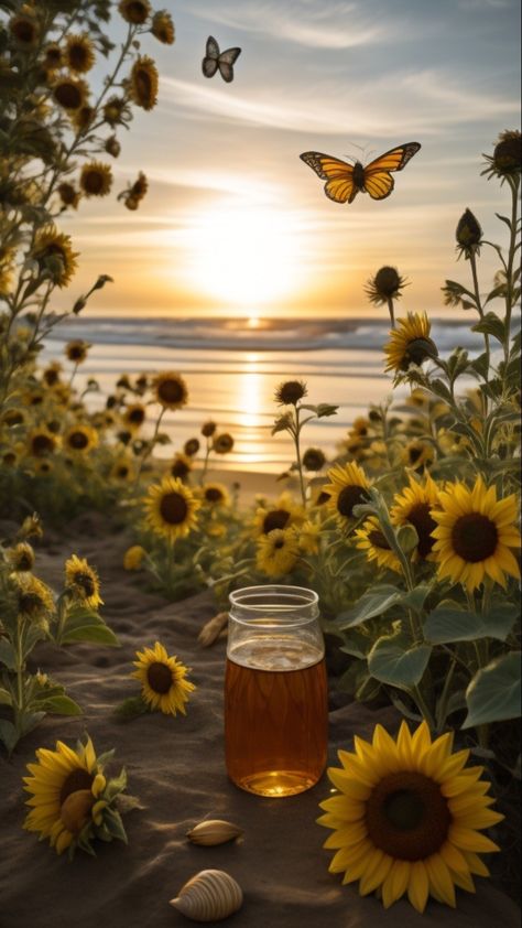 AI generated Litha/ Summer solstice aesthetic art of sunflowers, honey, butterflies, the sunset, and the ocean Summer Solstice Wallpaper, Litha Aesthetic Wallpaper, Summer Solstice Aesthetic, Litha Aesthetic, Solstice Aesthetic, Solar Witch, Litha Summer Solstice, August Vibes, Cottage Witch Aesthetic