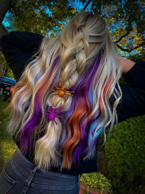 Halloween Hair Blonde, Blonde Halloween Hair, Hair Color Ideas Streaks, Blonde Hair With Vivid Peekaboo, Blonde Hair With Peekaboo Color Fun, Blonde Hair With Vivid Colors, Blonde And Vivid Hair Color, Orange And Purple Highlights, Spooky Hair Color