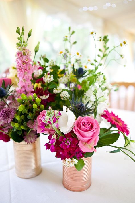 Tin can wedding centrepieces Tin Can Wedding Ideas, Country Garden Flowers, Wildflower Wedding Theme, Modern Wedding Flowers, Wedding Table Flowers, Tin Cans, Wedding Centerpieces Diy, White Wedding Flowers, Diy Wedding Flowers