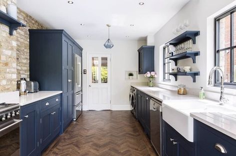 14 Budget-Friendly Entryway Tables that Will Double Your Storage Space Galley Kitchen Layout, Herringbone Tile Floors, Kitchen Triangle, Galley Kitchen Design, Galley Kitchen Remodel, Galley Kitchens, Blue Kitchen Cabinets, Extension Ideas, Galley Kitchen