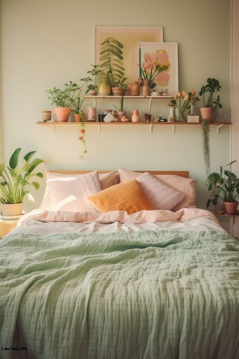 Simple Colorful Bedroom Decor, Windowseal Decor Ideas Bedroom, Coral Bedroom Decor Ideas, Apartment Bedroom Ideas For Women Cozy, Cozy European Bedroom, Opal House Decor, Magnolia Home Bedroom Ideas, Cute Bedroom Inspo Aesthetic, Safe Green Room