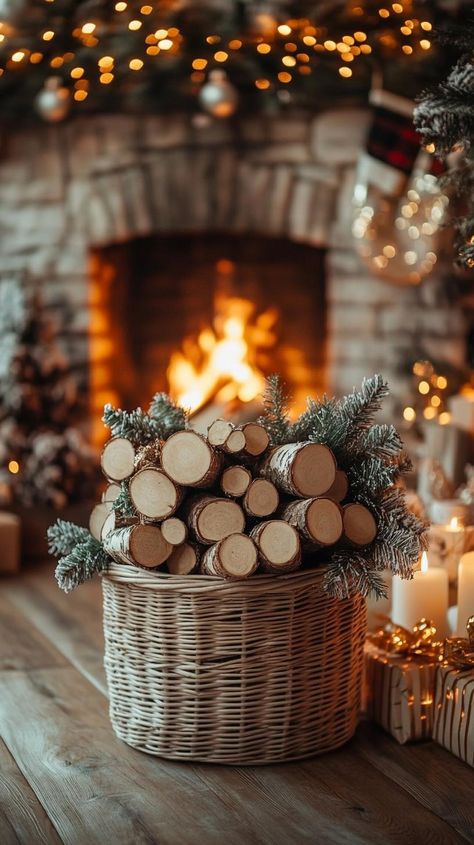 23 Super Cozy Christmas Fireplace Decor Ideas to Try 6 Firewood Christmas Decor, Christmas Wreath With Candles, Christmas Fireplace Photoshoot, Cozy Cabin Christmas Decor, Cozy Fireplace Aesthetic, Fireplace Photoshoot, Fireplace Wallpaper, Christmas Fireplace Decor Ideas, Cozy Christmas Fireplace