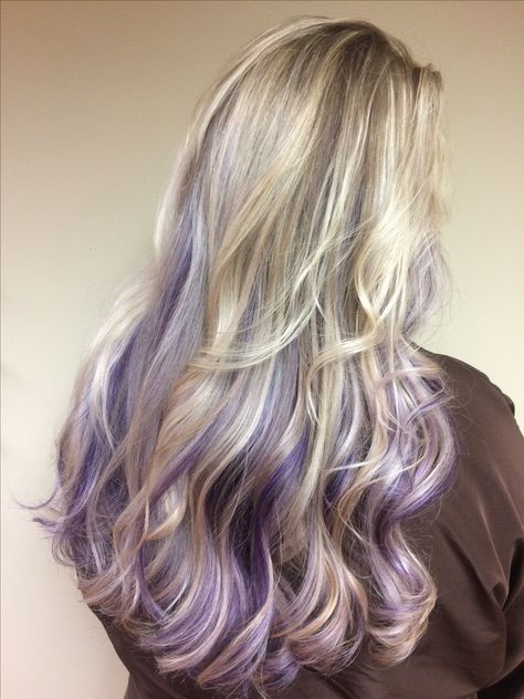 Blonde Lavender Hair Highlights, Blonde Hair With Subtle Color, Icy Blonde With Lavender Highlights, Unique Blonde Hair Color Ideas Fun, Blonde Hair With Light Purple Highlights, Blonde Hair With Colored Peekaboos, White Hair Purple Highlights, Subtle Purple Highlights Blondes, Pink And Purple Streaks In Blonde Hair