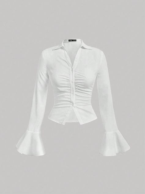 SHEIN MOD Solid Ruched Front Flare Sleeve ShirtI discovered amazing products on SHEIN.com, come check them out! Women Blouses Fashion Classy, Aliexpress Outfits, Graduation Outfit Ideas Hijab, Corporate Wears, Flare Sleeve Shirt, Corporate Shirts, Digital Wardrobe, Flare Shirt, Women Blouses Fashion