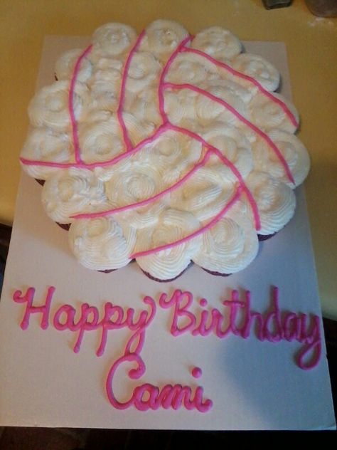 Volleyball cupcake cake                                                                                                                                                                                 More Volleyball Party Food Ideas, Volleyball Cupcake Cake, Volleyball Cake Ideas, Volleyball Themed Cake, Volleyball Cupcakes, Volleyball Birthday Cakes, Volleyball Birthday Party, Volleyball Party, School Cupcakes