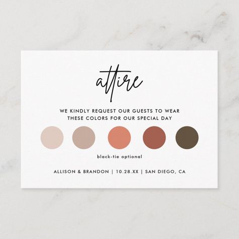 Minimalist Wedding Attire Dress Code Cards  Zazzle Wedding Dress Code, Wedding Color Pallet, Black Tie Optional, Dress Code Wedding, Dress Attire, Wedding Color Palette, Wedding Mood Board, Wedding Mood, Wedding Color