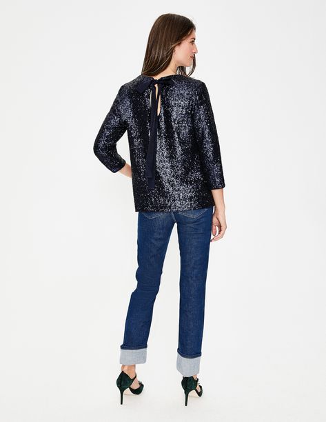 Navy Blue Sequin Bow Back Top Bow Back Top, Nina Campbell, Personal Style Inspiration, Tomboy Fashion, Sequin Top, Street Style Looks, Click Here, Timeless Fashion, Favorite Outfit