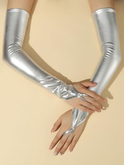 Fingerless Gloves Outfit, Silver Gloves, Metallic Socks, Metal Glove, Silver Outfits, Elbow Length Gloves, Metallic Mini Dresses, Long Gloves, Halloween Accessories