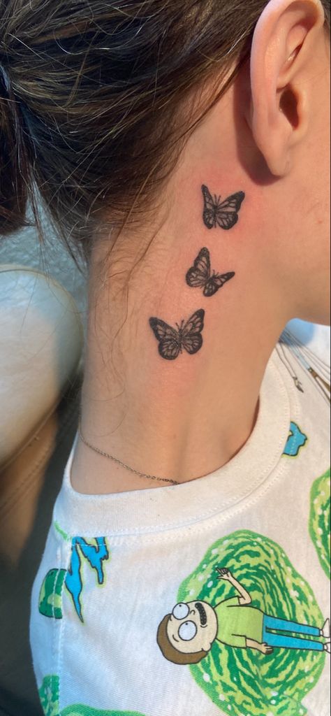 Classy Tiny Tattoos For Women, Aesthetic Neck Tattoos Women, 3 Small Butterflies Tattoo On Wrist, Feminine Simple Tattoos, Dainty Back Of Neck Tattoo, Butterfly Tattoo Neck For Women, Tatoos Woman Neck, Small Aesthetic Tattoos Women, Thigh Tattoos Women Unique Meaningful