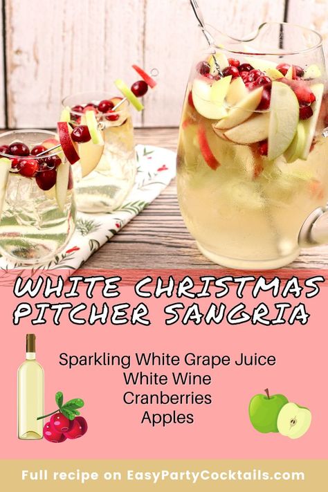 Easy White Christmas Sangria Christmas Party Alcoholic Punch, White Cranberry Mimosa, Christmas White Sangria Recipes, White Sangria Christmas Recipe, Christmas White Wine Sangria, Pitcher Sangria Recipe, White Grape Juice Cocktail, White Wine Christmas Sangria, Easy White Sangria Recipes