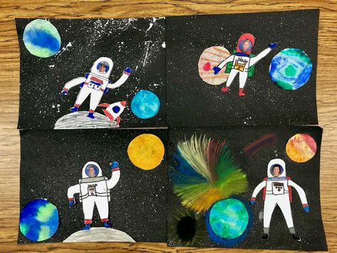 Kathy's Art Project Ideas: Galaxy Unit Astronaut in Space Mixed Media Art Lesson Astronaut Craft, Space Art Projects, Outer Space Art, Elementary Art Rooms, Astronaut In Space, Class Photo, Astronomy Art, Astronaut Art, Art Teaching