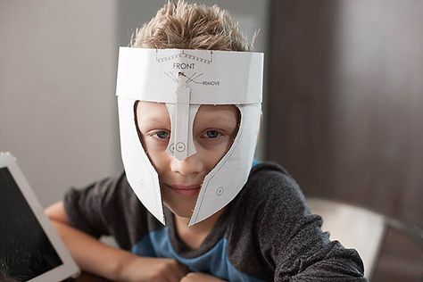 Crafteeo - DIY Cardboard Warrior Helmets — All for the Boys Diy Knight Costume, Viking Party, Greek Helmet, Knight Party, Medieval Party, Warrior Helmet, Knights Helmet, Knight Costume, Activities Ideas