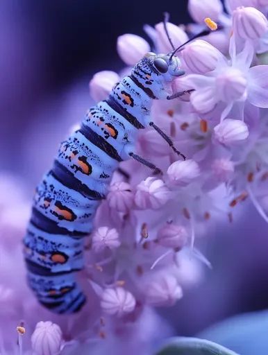 ↑↑↑ Larger size on website 🔸 A brightly colored blue and orange caterpillar rests on a delicate cluster of soft pink flowers. The Colorful Caterpillar, Blue Caterpillar, Caterpillar Art, Soft Pink Flowers, Bunny Hutch, Blurred Background, Blue And Orange, Hutch, Caterpillar