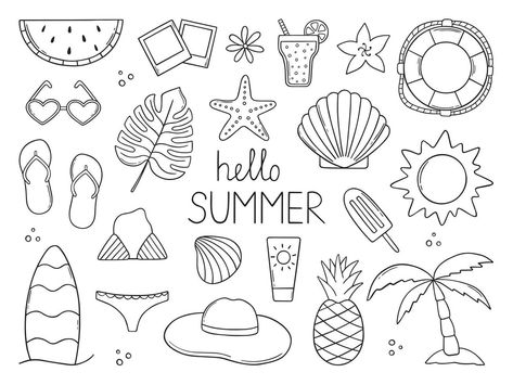 Set of summer doodle.  Summer beach elements in sketch style. Hand drawn vector illustration isolated on white background. Summer Drawings Doodles, Beachy Doodles, Drawing Ideas Summer, Beach Doodle, Beach Doodles, Summer Doodles, Codes Wallpaper, Beach Elements, Beach Stickers