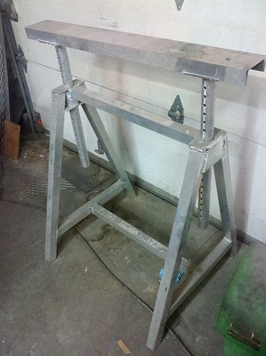 Aluminum Sawhorses , by J. McBurney | Description: Adjustabl… | Flickr Saw Horses, Welding Works, Welded Metal Projects, Saw Horse, Welding Tables, Garage Furniture, Welding Cart, Metal Workshop, Hole Saws