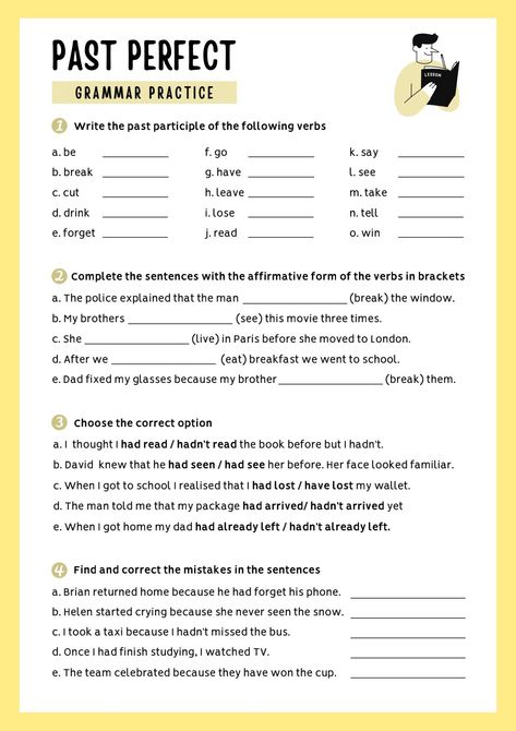 Free pdf Past Perfect Tense Worksheets, Past Perfect Worksheets, Past Perfect Tense, English Grammar Test, English Grammar Exercises, Study English Language, Past Simple, English Teaching Materials, Perfect Tense