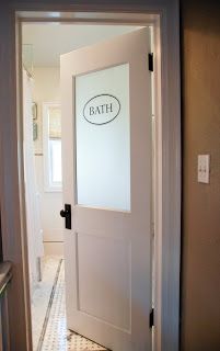 Rambling Renovators: renovation Frosted Bathroom Door, Glass Office Doors, Bathroom Door Ideas, Glass Bathroom Door, Vintage Modern Bathroom, Modern Master Bath, Glass Pantry Door, Laundry Room Doors, Frosted Glass Door