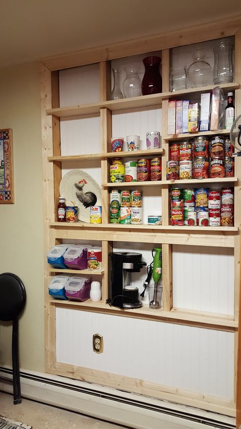 The "between the studs" shelves we created in our kitchen have given us a TON of extra space for storage! Shelves In Between Studs, Recessed Shelves Kitchen, Between Stud Storage, Shelves Between Studs, Sauna Business, Stud Storage, Stairs Pantry, Open Kitchen Cabinet, Between The Studs