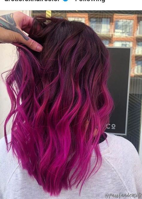 Magenta Hair With Dark Roots, Red To Pink Balayage, Brown And Magenta Hair, Brown Roots Pink Hair, Lavender And Blonde Hair, Fuschia Hair, Magenta Hair Colors, Pink Hair Highlights, Dark Pink Hair