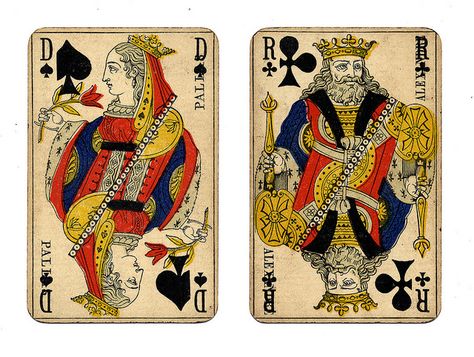 Vintage French playing cards. The queen (dame) of spades is associated with Pallas. The King (roi) of clubs is associated with Alexander the Great. From William Creswell on flickr. Pack Of Playing Cards, Chinese Prints, Fortune Telling Cards, Ace Card, The Hanged Man, Playing Cards Design, Vintage Playing Cards, Playing Card Deck, Minor Arcana