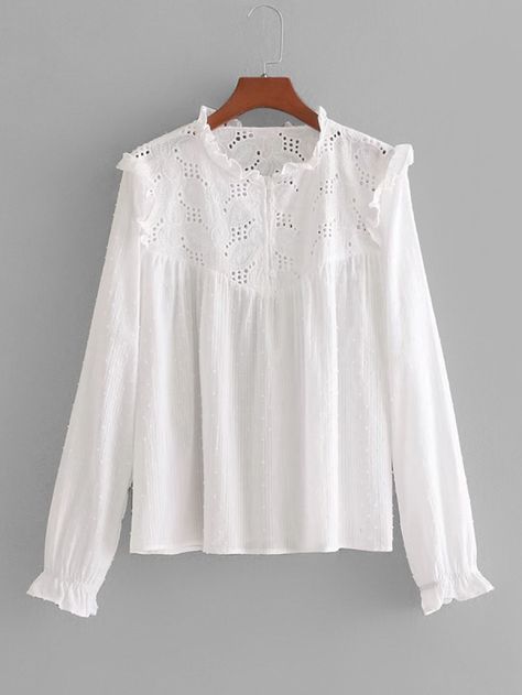 Eyelet Embroidered Frill Trim Blouse -SheIn(Sheinside) Spring Blouse Outfit, White Eyelet Blouse, Simple Lehenga, Sabyasachi Jewellery, Pakistani Fashion Casual, Casual Skirt Outfits, Fashion Tops Blouse, Hijabi Outfits Casual, Pretty Blouses