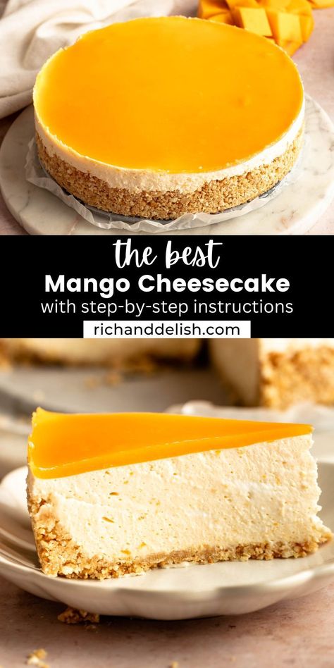 This no bake mango cheesecake is made with an easy graham cracker crust, topped with a creamy, lightly sweet, and slightly tangy mango cheesecake filling, topped with a mango jelly that makes this cake not only impressive but delicious.