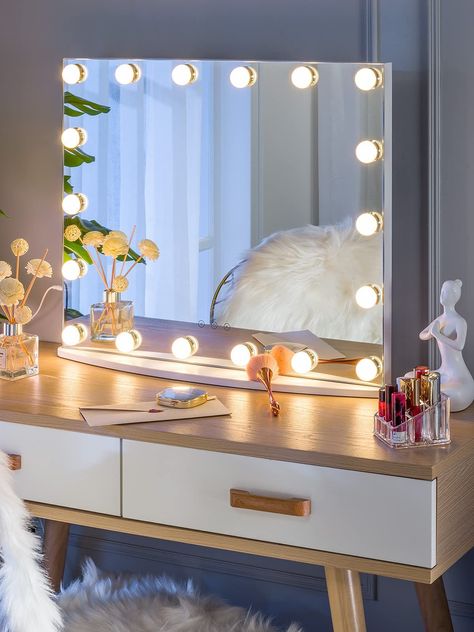 LUXFURNI Vanity Mirror with Makeup Lights, Large Hollywood Light up Mirrors w/ 18 LED Bulbs for Bedroom Tabletop & Wall Mount Makeup Lights, Hollywood Makeup Mirror, Hollywood Vanity Mirror, Hollywood Lights, Hollywood Mirror, Large Vanity, Lighted Vanity Mirror, Makeup Mirror With Lights, Led Vanity