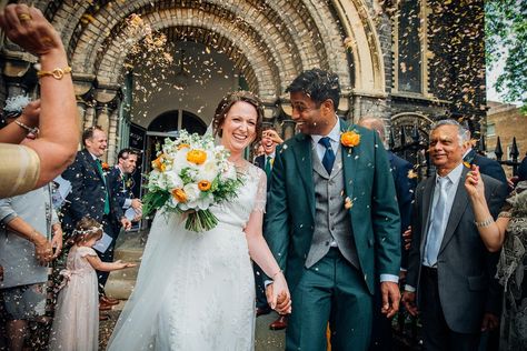 Colorful Anglo-Hindu Fusion Wedding With A Parade Of Indian Drummers - Bridal Musings Indian Western Fusion Wedding, Indian Fusion Wedding Decor, Photography Wedding Poses, Confetti Ideas, Wedding Urban, London Cathedral, Cultural Wedding, Barn Wedding Photos, Hindu Ceremony