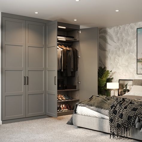 Dust Grey 4-Panel Shaker Fitted Wardrobe Grey Fitted Wardrobes, Diy Fitted Wardrobes, Fitted Wardrobes Bedroom, Wardrobes Bedroom, Fitted Bedroom Furniture, Fitted Wardrobe, Feature Wall Living Room, Fitted Wardrobes, Queen Bedroom