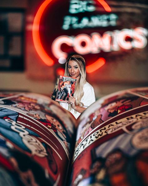 Comic Book Senior Pictures, Comic Book Store Photoshoot, Comic Book Photoshoot, Book Store Senior Pictures, Comic Photoshoot, Business Portrait Photography, Book Photos, Comic Book Store, Comic Store