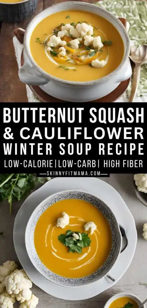 Healthy Roasted Butternut Squash And Cauliflower Soup - Skinny Fit Mama Butternut Squash And Cauliflower, Butternut Squash Recipes Healthy, Winter Squash Soup, Healthy Butternut Squash, Butternut Soup, Winter Soup Recipe, Cauliflower Soup Recipes, Butternut Squash Recipes Soup, Butternut Squash Recipes